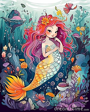 Happy smiling mermaid, long red hair, water color illustration, bright colors Cartoon Illustration