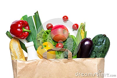 Full paper bag of different health food on a white background Stock Photo