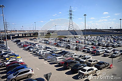 Full parking view at the shopping center. Editorial Stock Photo