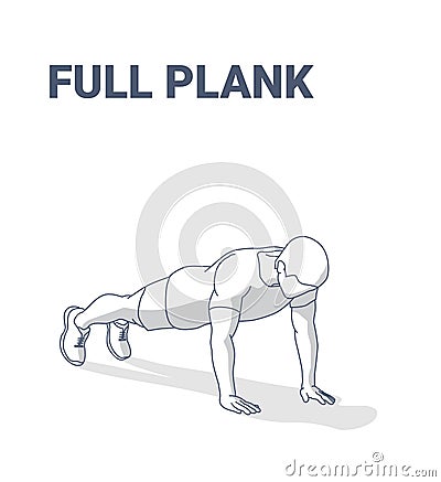 Full Plank Men Home Workout Exercise Guidance Illustration. Sporty Male Working at Home on His Abs. Vector Illustration