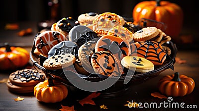 Full plate of gingerbread cookies evil pumpkins, cobwebs close up on a wooden table next to orange pumpkins Halloween Stock Photo