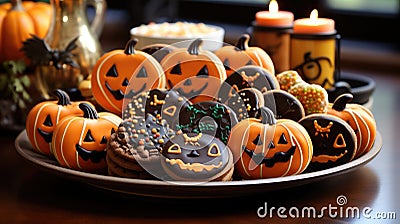 Full plate of orange and black gingerbread cookies in the shape of evil pumpkins, cobwebs close up on a wooden table near candles Stock Photo