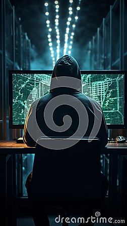Full rear view of an anonymous hooded hacker coding in darkness Stock Photo