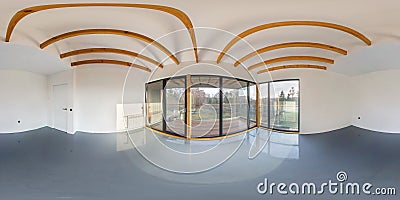 Full seamless hdri panorama 360 angle in white empty apartment interior with panoramic windows and wooden rafter ceiling in Stock Photo