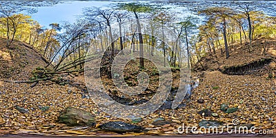 Full seamless hdri 360 panorama high in mountains near stream in tree-covered ravine in autumn forest equirectangular spherical Stock Photo