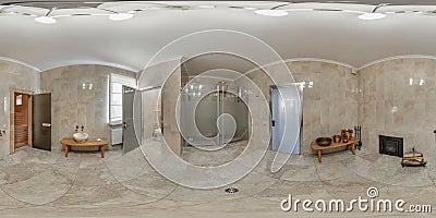 full seamless hdri 360 panorama view in interior of bathroom in modern flat loft apartments in equirectangular projection with Stock Photo