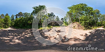 Full seamless panorama 360 by 180 angle view ruined abandoned military fortress of the First World War in forest in Stock Photo