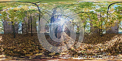 Full seamless spherical cube 360 by 180 degrees angle view panorama inside ancient abandoned destroyed stone tomb in autumn forest Stock Photo