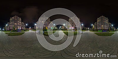 Full seamless spherical hdri night panorama 360 degrees angle view on crossroads of pedestrian street with light in windows of Stock Photo