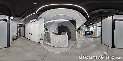 full seamless spherical hdri 360 panorama in corridor near reception of modern coworking office in equirectangular projection. VR Stock Photo