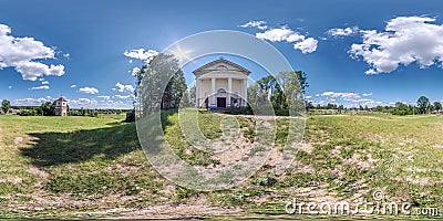 Full seamless spherical hdri panorama 360 degrees angle in small village with decorative medieval style architecture church in Stock Photo