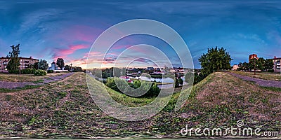 Full seamless spherical hdri panorama 360 degrees angle view on bank of wide river overlooking old city in sunset with beautiful Stock Photo