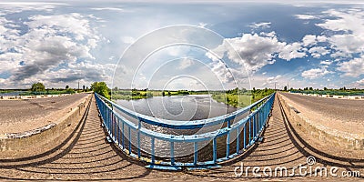 Full seamless spherical hdri panorama 360 degrees angle view on concrete bridge near asphalt road across river in sunny summer Stock Photo