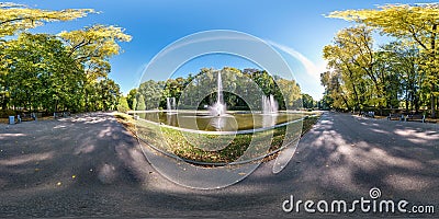 Full seamless spherical hdri panorama 360 degrees angle view of early autumn in empty city park near fountain equirectangular Stock Photo