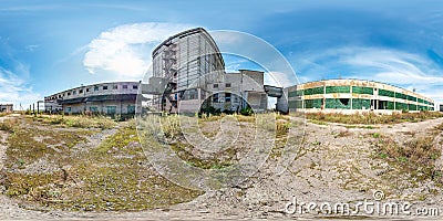 Full seamless spherical hdri panorama 360 degrees angle view near abandoned ruined factory in equirectangular projection, VR AR Stock Photo
