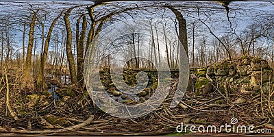 Full seamless spherical hdri 360 panorama view near concrete bridge with stones covered with green moss and forest near swamp in Stock Photo