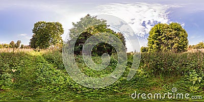 Full seamless spherical panorama 360 by 180 angle view near abandoned wooden house in equirectangular projection, ready AR VR Stock Photo