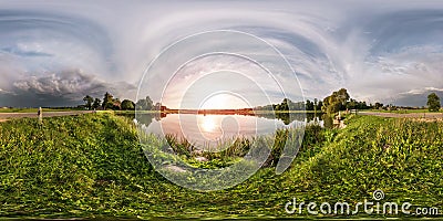 Full seamless spherical panorama 360 by 180 angle view on the shore of lake in evening before storm in equirectangular projection Stock Photo