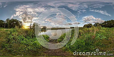 Full seamless spherical panorama 360 by 180 angle view on the shore of small lake in sunny summer evening with awesome clouds in Stock Photo