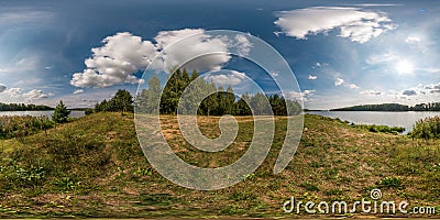 Full seamless spherical panorama 360 by 180 angle view on the shore of width river neman in sunny summer day in equirectangular Stock Photo