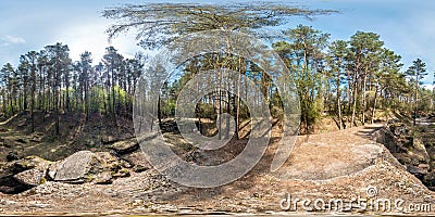 Full seamless spherical panorama 360 degrees angle view ruined abandoned military fortress of the First World War in pine forest Stock Photo