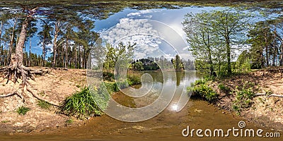 Full seamless spherical panorama 360 degrees angle view on shore of lake in pinery forest with beautiful clouds with sun Stock Photo