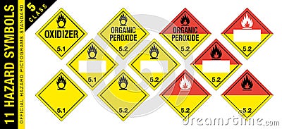 Full set of 11 Class 5 isolated hazardous material signs. Oxidizer agent, organic peroxide. Hazmat isolated placards. Official Vector Illustration