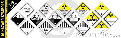 Full set of 16 Class 7-9 isolated hazardous material signs. Radioactive, corrosive, fissile, Corrosive Materials. Hazmat isolated Vector Illustration