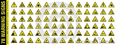Full set of 78 isolated hazardous symbols on yellow round triangle board warning sign. Official ISO 7010 safety signs standard Vector Illustration