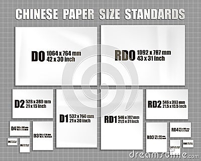 Full set of Chinese format standards of paper sheets series D, RD. Mock up of realistic white paper pages in different sizes Vector Illustration