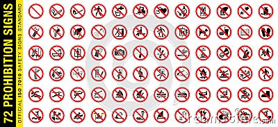 Full set of 72 isolated prohibition symbols on red crossed out circle board warning sign. Official ISO 7010 safety signs standard Vector Illustration