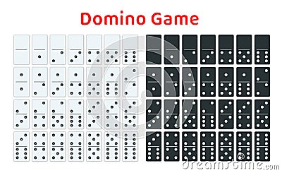 Full set of white and black dominoes on white. Complete double-six set. Flat illustration. Vector Illustration
