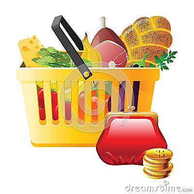 Full shopping basket and wallet Vector Illustration