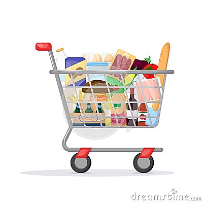 Full shopping cart. Food store, supermarket. Set of fresh, healthy and natural product. Vector Vector Illustration