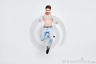 Full-size full-length handsome attractive erotic proud narcissistic sexual fashionable tender gentle seductive tempting guy demon Stock Photo