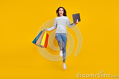 Full size photo of brown amazed haired stylish trendy girl wear sweater jeans hold laptop sale jump isolated on yellow Stock Photo