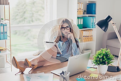 Full size photo of elegant business lady lawyer sitting in her o Stock Photo