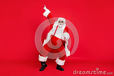 Full size photo of funny fat overweight santa claus with big abdomen in eyewear dance raise hand wear style stylish Stock Photo