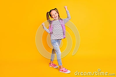Full size photo of happy excited schoolgirl child kid wear purple backpack on yellow color background Stock Photo