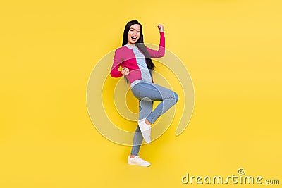 Full size photo of hooray brunette young lady hands fists wear pink sweater jeans on yellow background Stock Photo