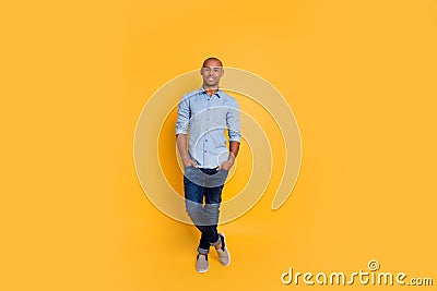 Full size photo of pretty person youth hands palms pocket feel content isolated over yellow background Stock Photo