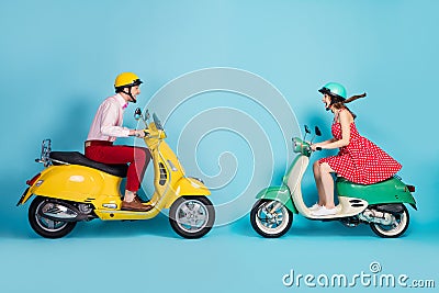 Full size profile photo of funny lady guy couple drive retro moped travelers opposite see each other glad meeting Stock Photo