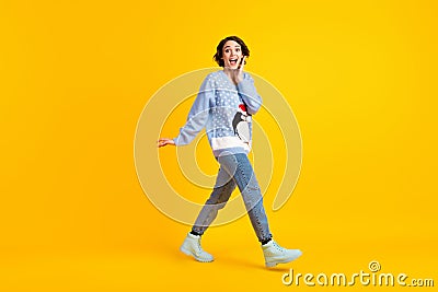 Full size profile photo of pretty funny excited lady walking x-mas party new jumper funky cute fluffy penguin wear ugly Stock Photo