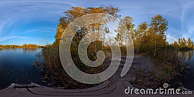 Full spherical 360 by 180 degrees panorama of evening autumnal lake with birch forest on its shores Stock Photo