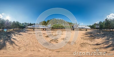 Full spherical hdri panorama 360 degrees angle view in forest guerrilla camp with old military transport aircraft and fighter Stock Photo