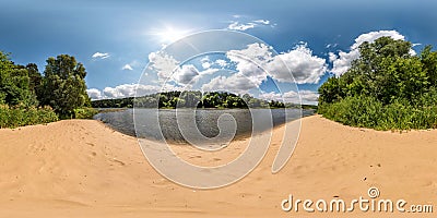 Full spherical seamless hdri panorama 360 degrees angle view on sand beach near forest of huge river in sunny day and windy Stock Photo