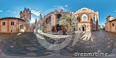 Full spherical seamless panorama 360 degrees angle in the courtyard of the old gothic church of Stock Photo