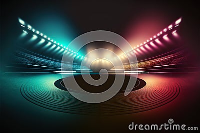 Full stadium and neoned colorful flashlights background. Concept of sport, competition, winning. Generative AI Stock Photo