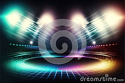 Full stadium and neoned colorful flashlights background. Concept of sport, competition, winning. Generative AI Stock Photo