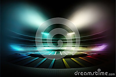 Full stadium and neoned colorful flashlights background. Concept of sport, competition, winning. Generative AI Stock Photo